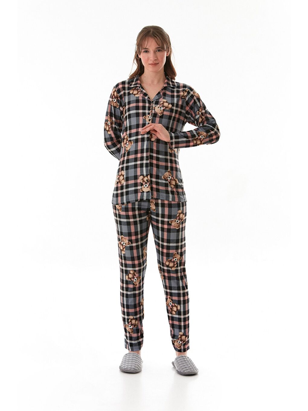 Gri Ekose Desenli Gömlek Yaka Süet Pijama Takımı
