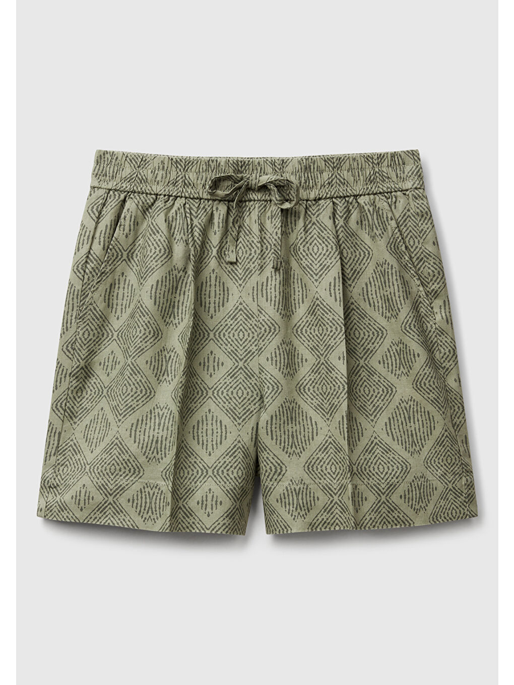 Kadın Haki %100 Keten Desenli Beli Lastikli Cepli Şort-1