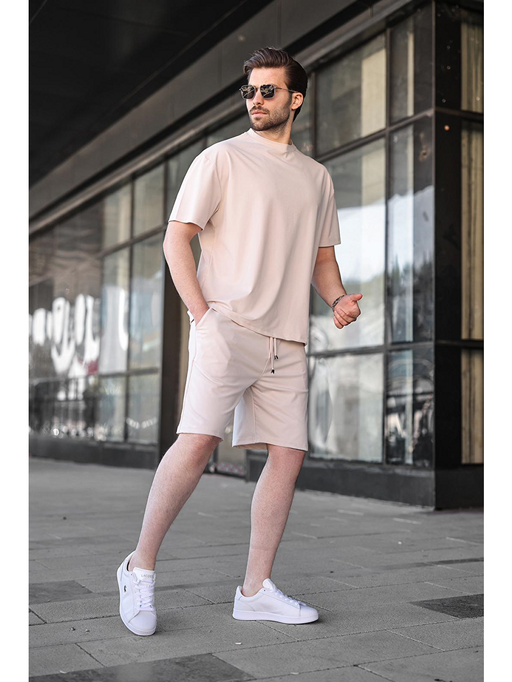 Bej Kumaş Erkek Şort Tişört Takım E7349-4