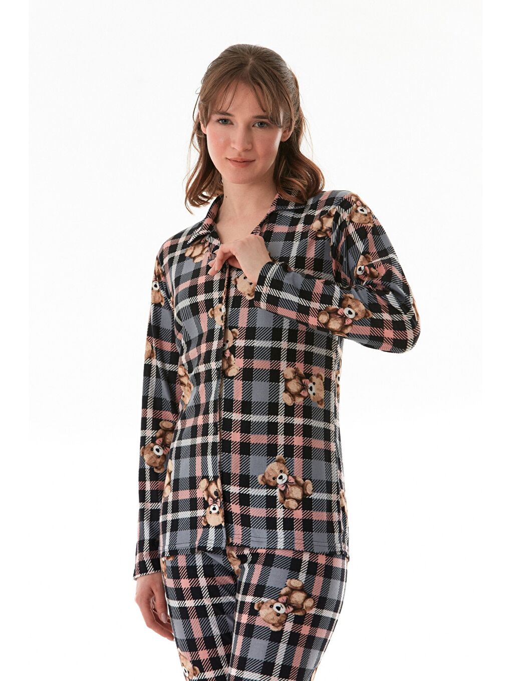 Gri Ekose Desenli Gömlek Yaka Süet Pijama Takımı-1