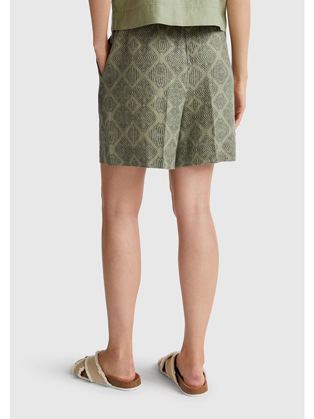 Kadın Haki %100 Keten Desenli Beli Lastikli Cepli Şort-2