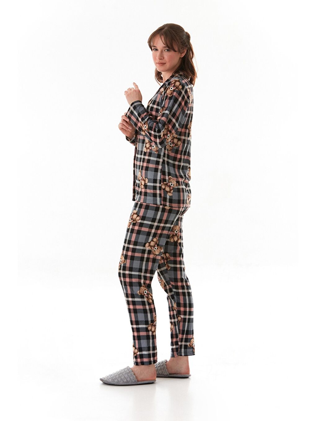 Gri Ekose Desenli Gömlek Yaka Süet Pijama Takımı-2