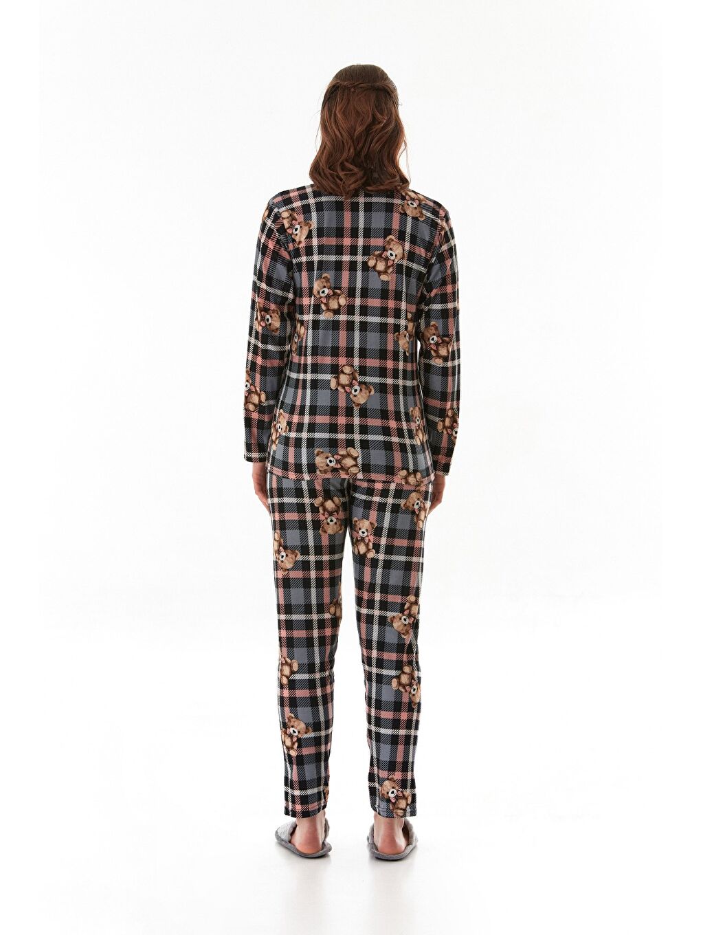 Gri Ekose Desenli Gömlek Yaka Süet Pijama Takımı-3