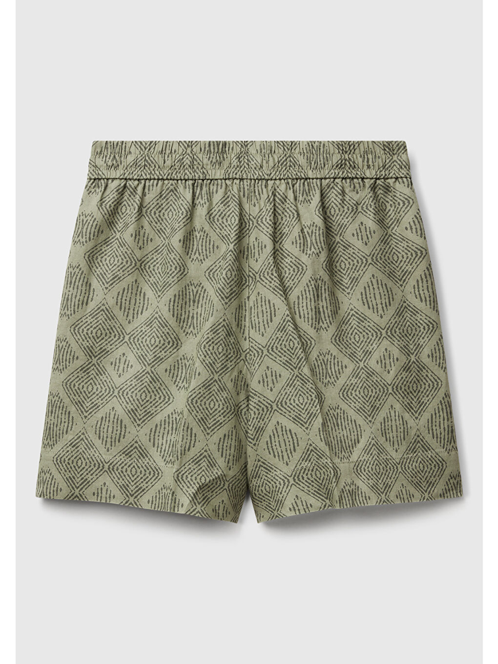 Kadın Haki %100 Keten Desenli Beli Lastikli Cepli Şort-3