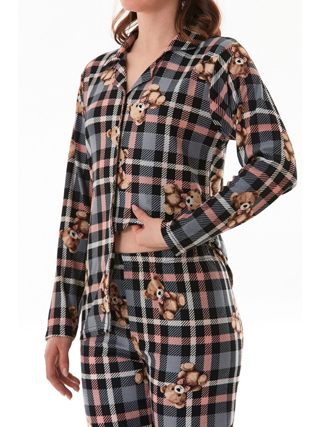 Gri Ekose Desenli Gömlek Yaka Süet Pijama Takımı-4