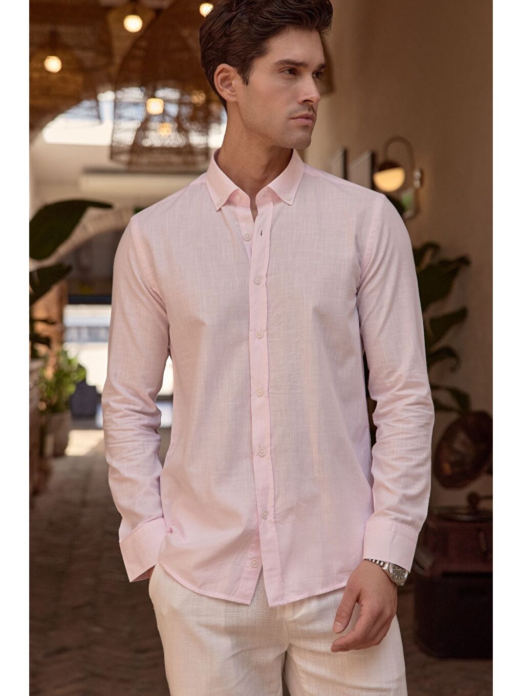 Pembe Turi Erkek Pamuk Gömlek Modern Slim Fit Keten Görünümlü Uzun Kol