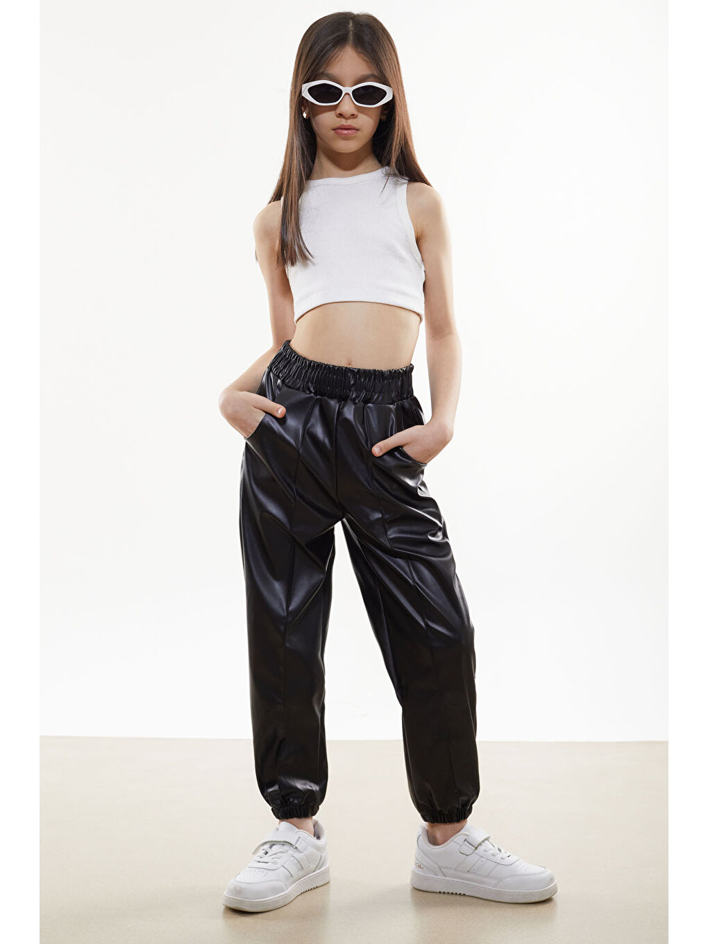 Siyah Beli Lastikli Jogger Model Kız Deri Pantolon 18049