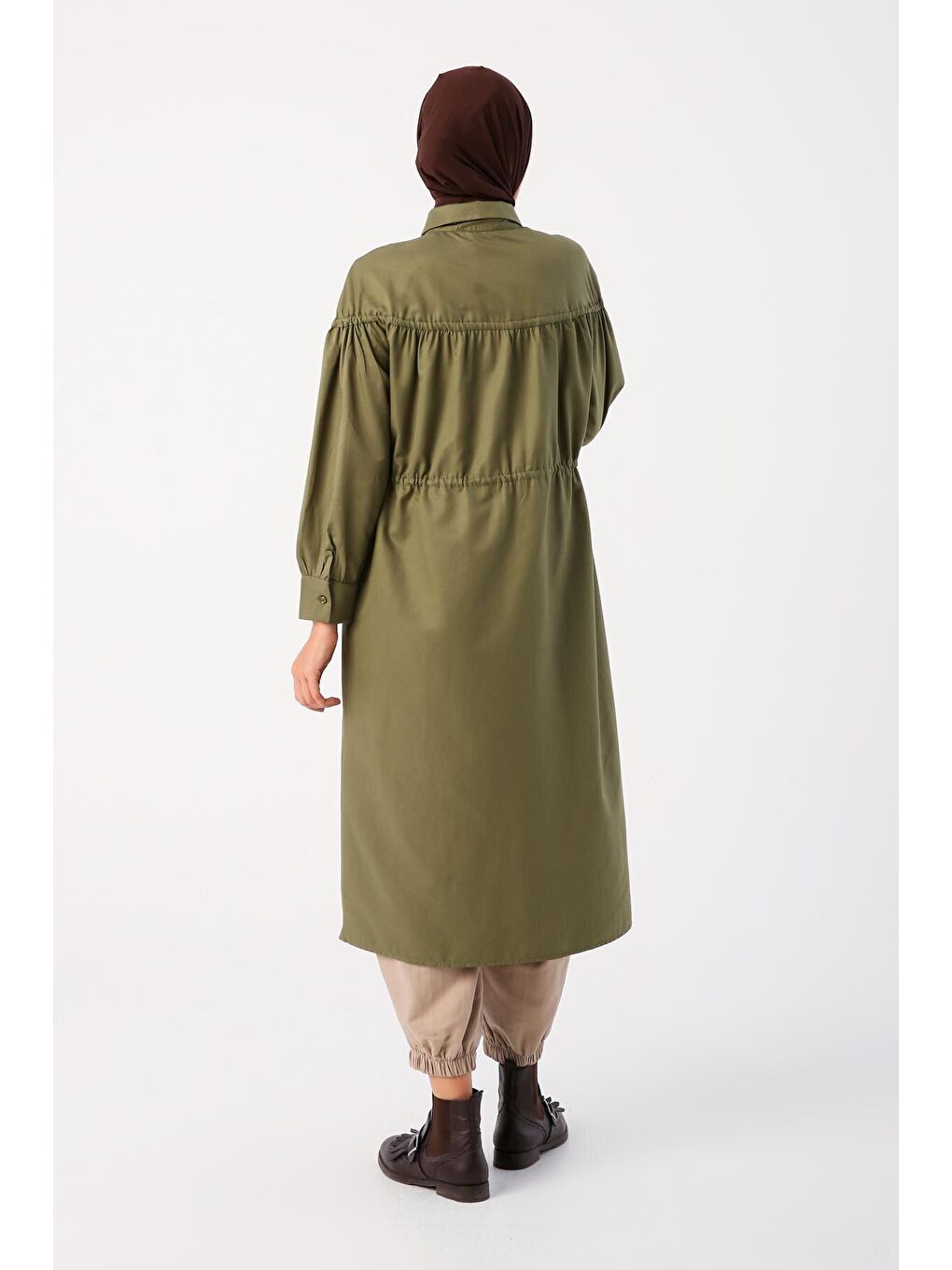 Açık Haki Pamuklu Bağcık Detaylı Büzgülü Gömlek Tunik-2