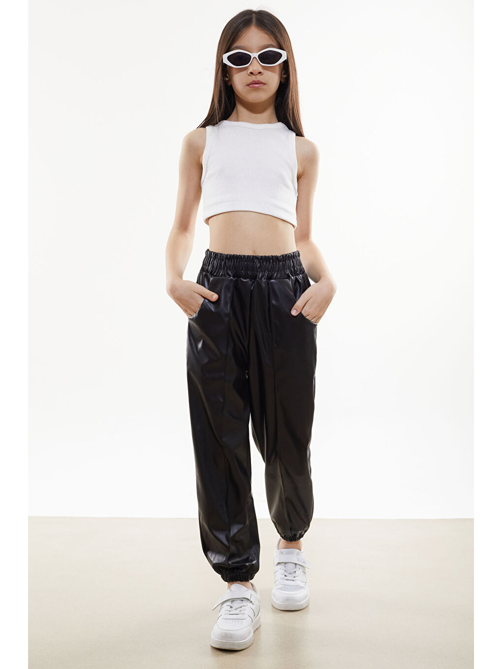 Siyah Beli Lastikli Jogger Model Kız Deri Pantolon 18049-1