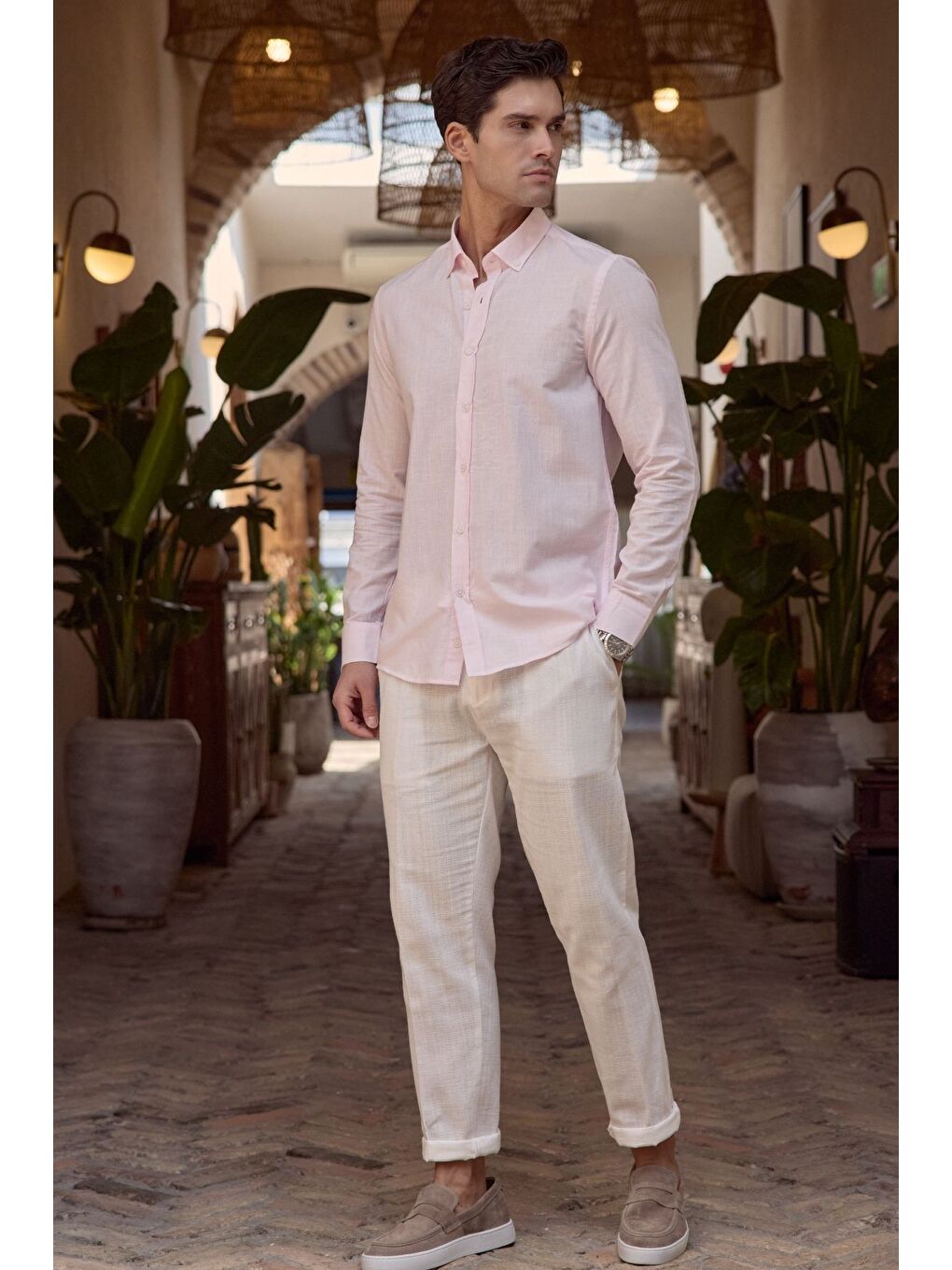 Pembe Turi Erkek Pamuk Gömlek Modern Slim Fit Keten Görünümlü Uzun Kol-1