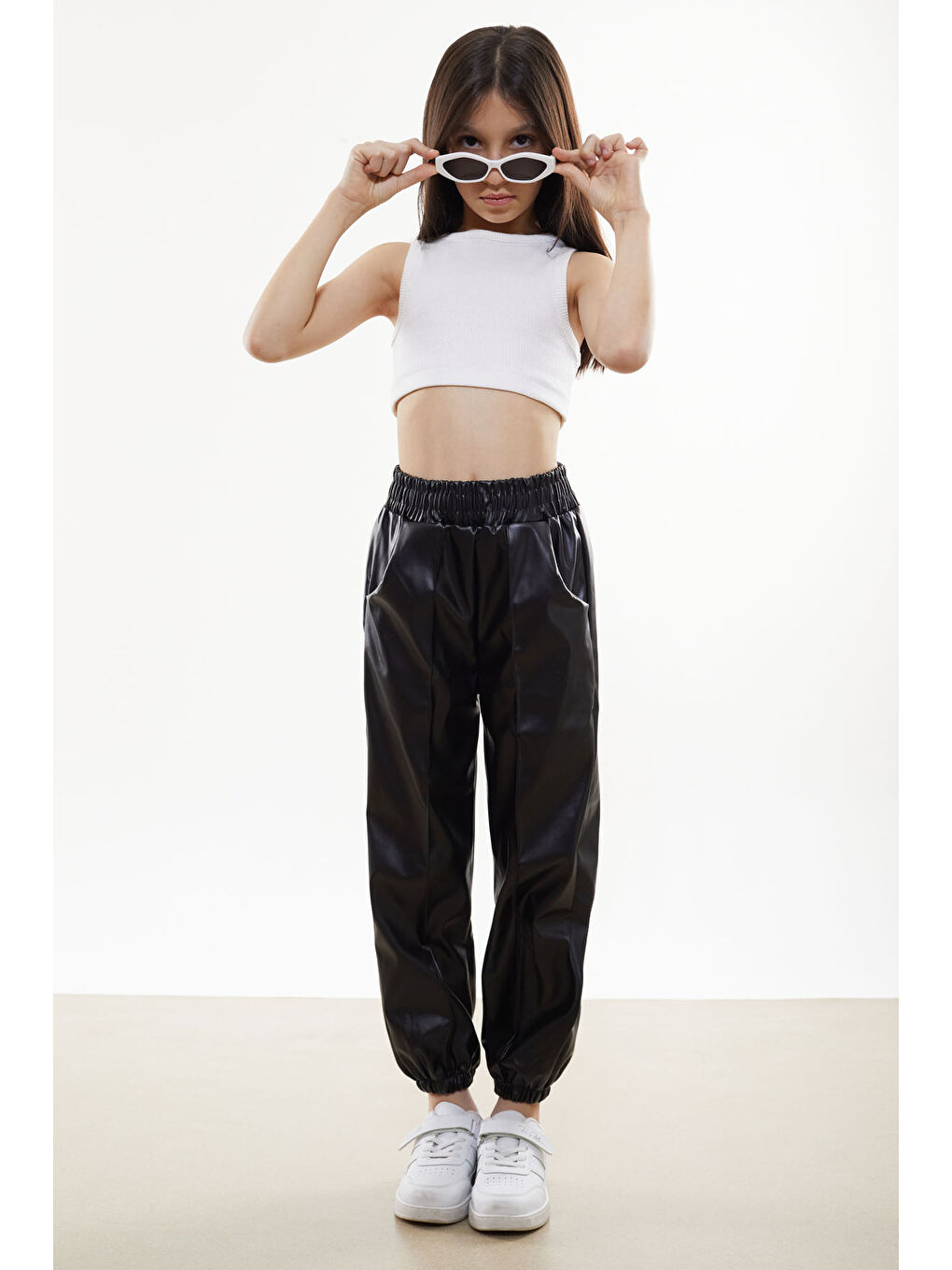 Siyah Beli Lastikli Jogger Model Kız Deri Pantolon 18049-3