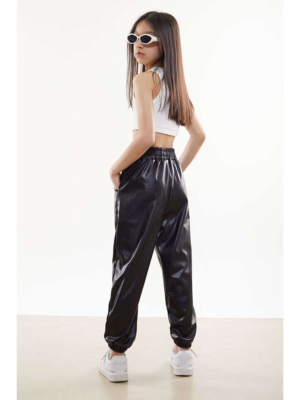 Siyah Beli Lastikli Jogger Model Kız Deri Pantolon 18049-4