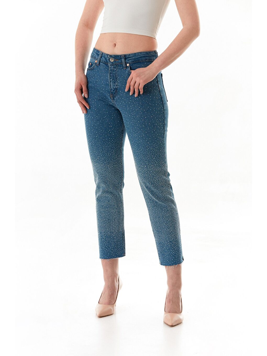 Mavi Taşlı Yüksek Bel Mom Jean-1