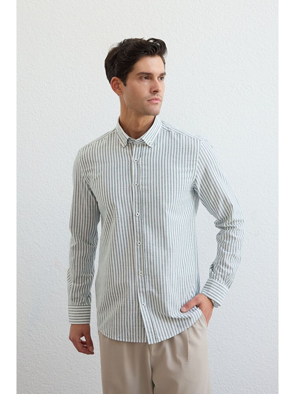 Yeşil Senoc Erkek Gömlek Modern Slim Fit Keten Görünümlü Kalın Çizgili