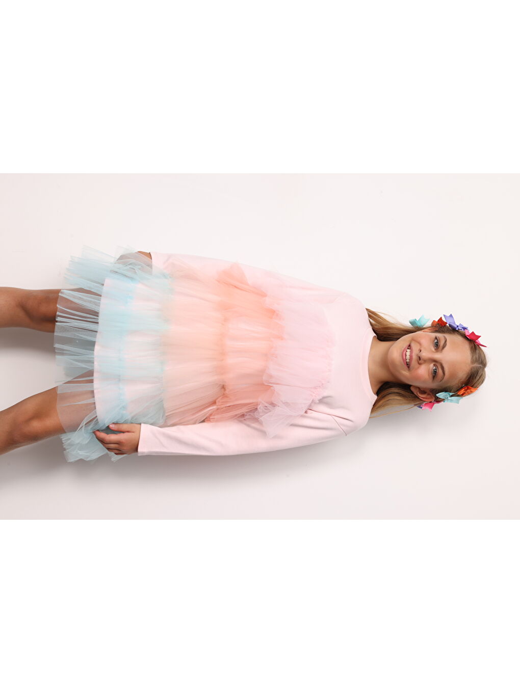 Karışık Çok Renkli Katlı Tüllü Kız Çocuk Elbise - Fabiola-1