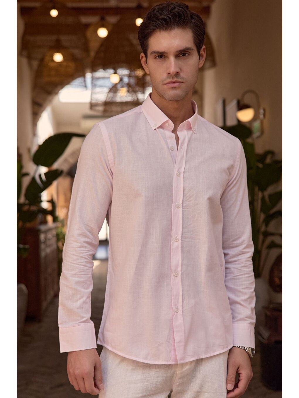 Pembe Turi Erkek Pamuk Gömlek Modern Slim Fit Keten Görünümlü Uzun Kol-2