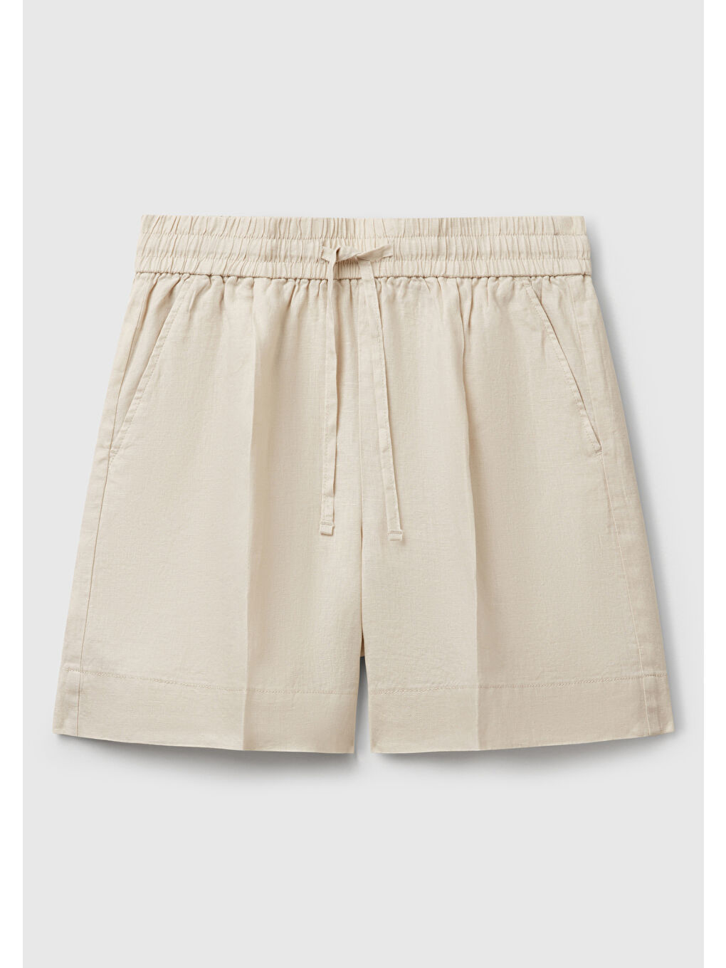 Bej Kadın Taş Rengi %100 Keten Büzgü İpli Cepli Bermuda Şort-1