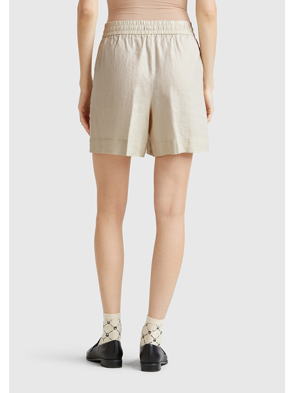 Bej Kadın Taş Rengi %100 Keten Büzgü İpli Cepli Bermuda Şort-2