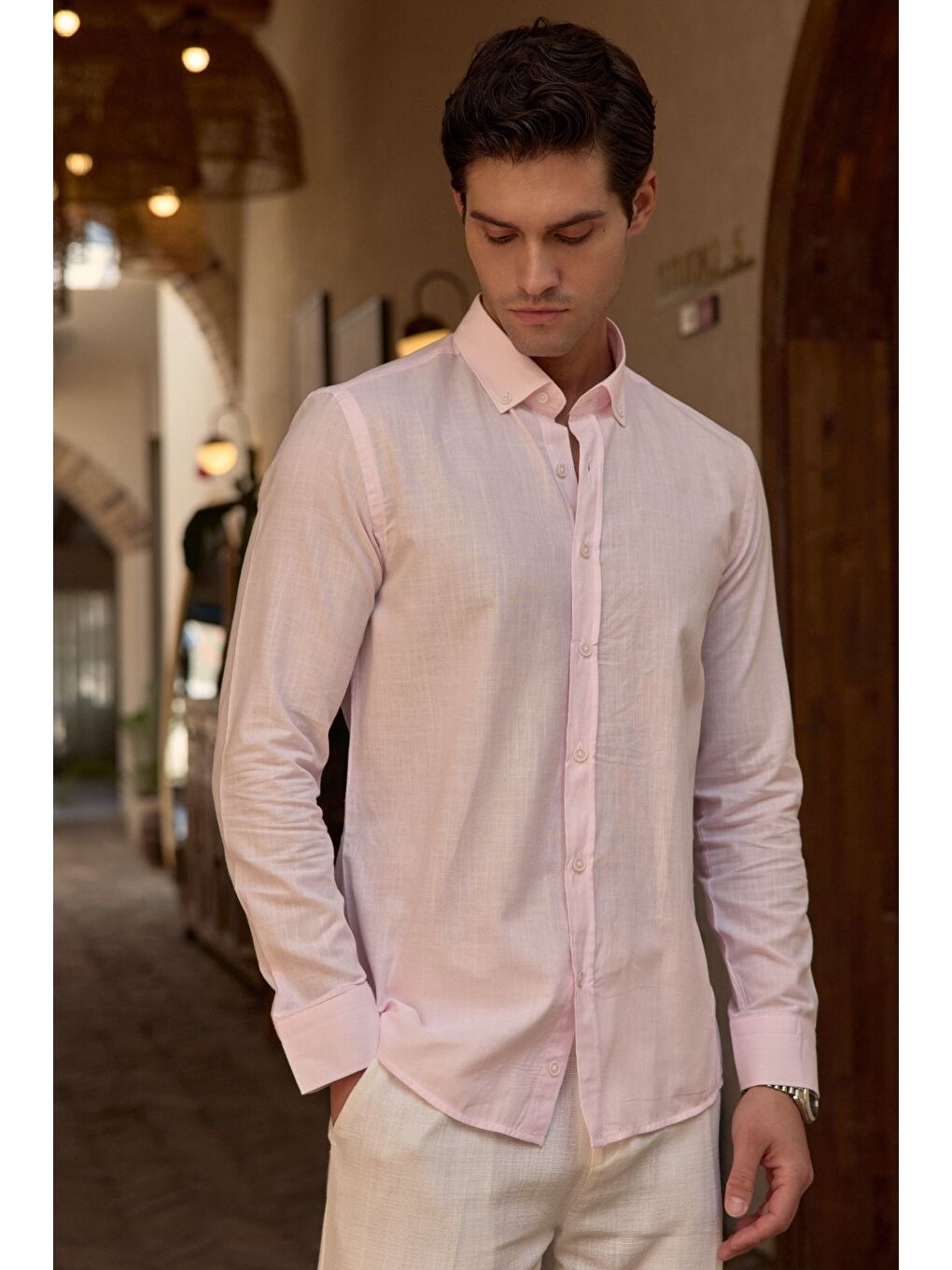 Pembe Turi Erkek Pamuk Gömlek Modern Slim Fit Keten Görünümlü Uzun Kol-3