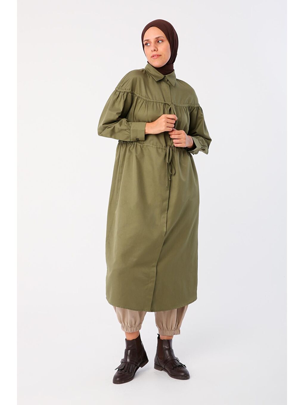 Açık Haki Pamuklu Bağcık Detaylı Büzgülü Gömlek Tunik-3