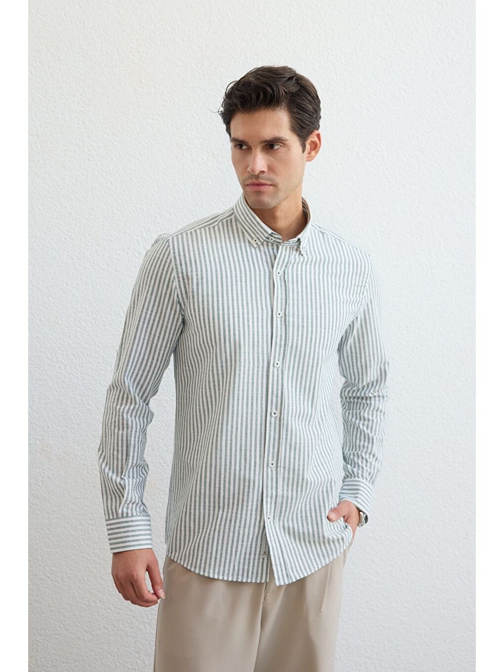 Yeşil Senoc Erkek Gömlek Modern Slim Fit Keten Görünümlü Kalın Çizgili-1