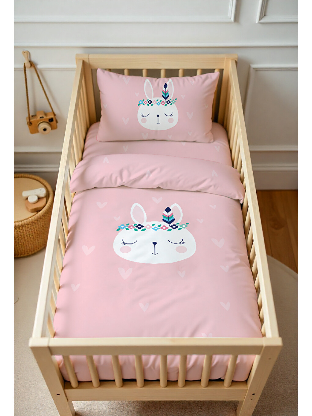 Karışık Pembe Tavşan Desenli Bebek Nevresim Takımı Çift Taraflı 100x150 cm Çarşafsız