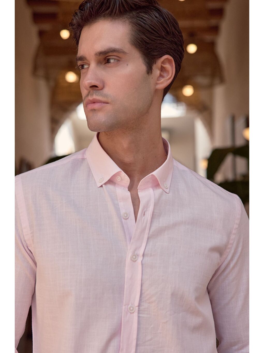 Pembe Turi Erkek Pamuk Gömlek Modern Slim Fit Keten Görünümlü Uzun Kol-4