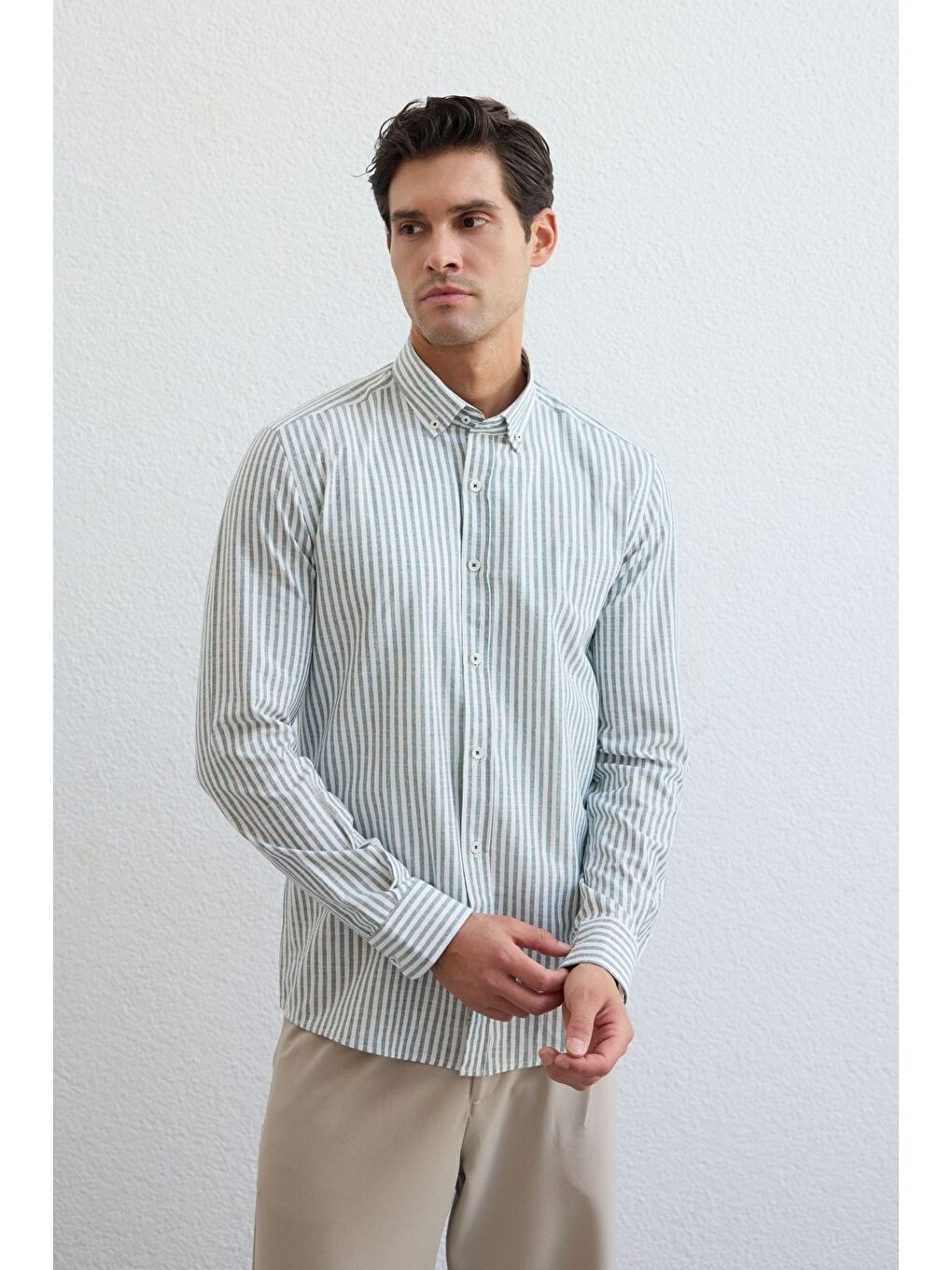 Yeşil Senoc Erkek Gömlek Modern Slim Fit Keten Görünümlü Kalın Çizgili-2