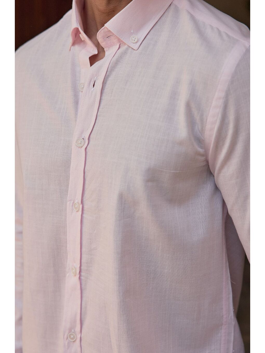 Pembe Turi Erkek Pamuk Gömlek Modern Slim Fit Keten Görünümlü Uzun Kol-5