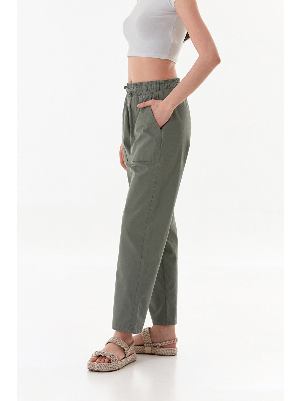 Haki Beli Lastikli Gabardin Pantolon-3