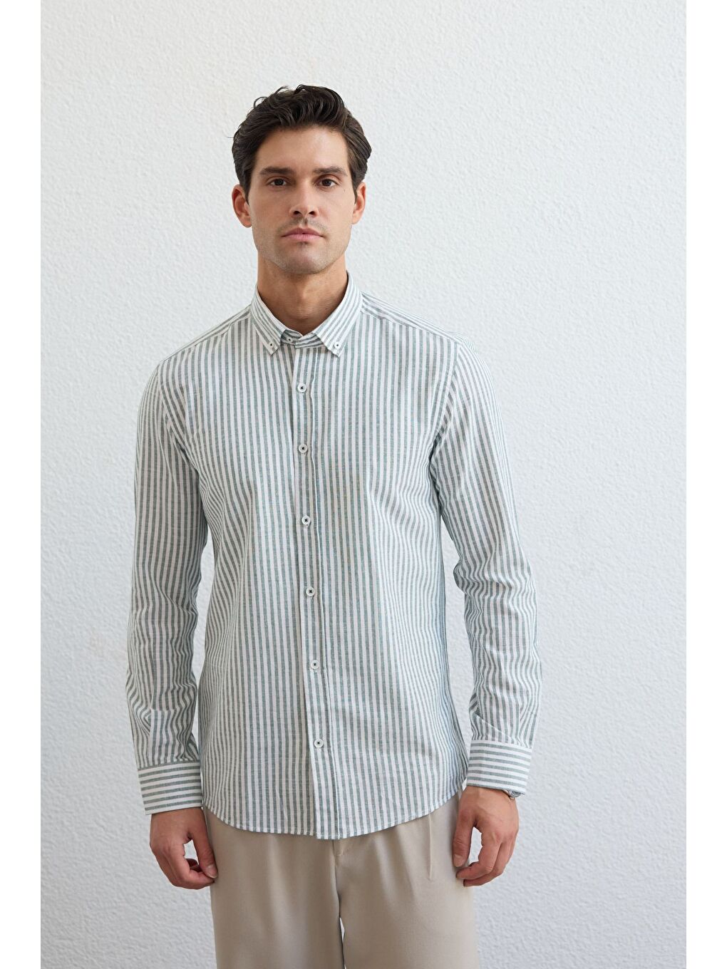 Yeşil Senoc Erkek Gömlek Modern Slim Fit Keten Görünümlü Kalın Çizgili-3