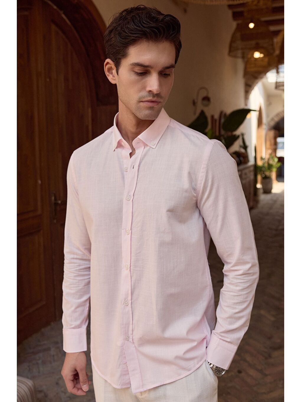 Pembe Turi Erkek Pamuk Gömlek Modern Slim Fit Keten Görünümlü Uzun Kol-6