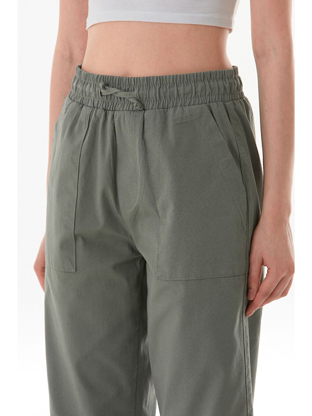 Haki Beli Lastikli Gabardin Pantolon-4