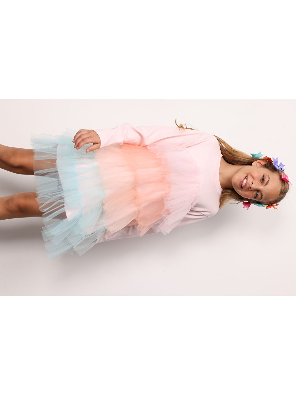 Karışık Çok Renkli Katlı Tüllü Kız Çocuk Elbise - Fabiola-2