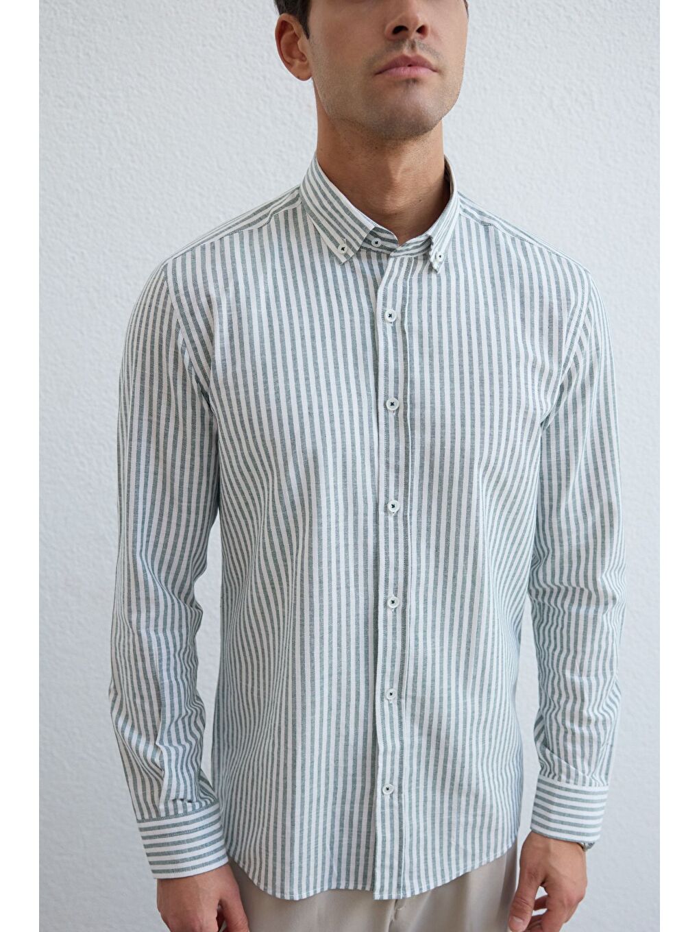 Yeşil Senoc Erkek Gömlek Modern Slim Fit Keten Görünümlü Kalın Çizgili-4