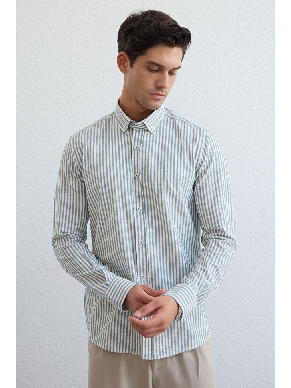Yeşil Senoc Erkek Gömlek Modern Slim Fit Keten Görünümlü Kalın Çizgili-5