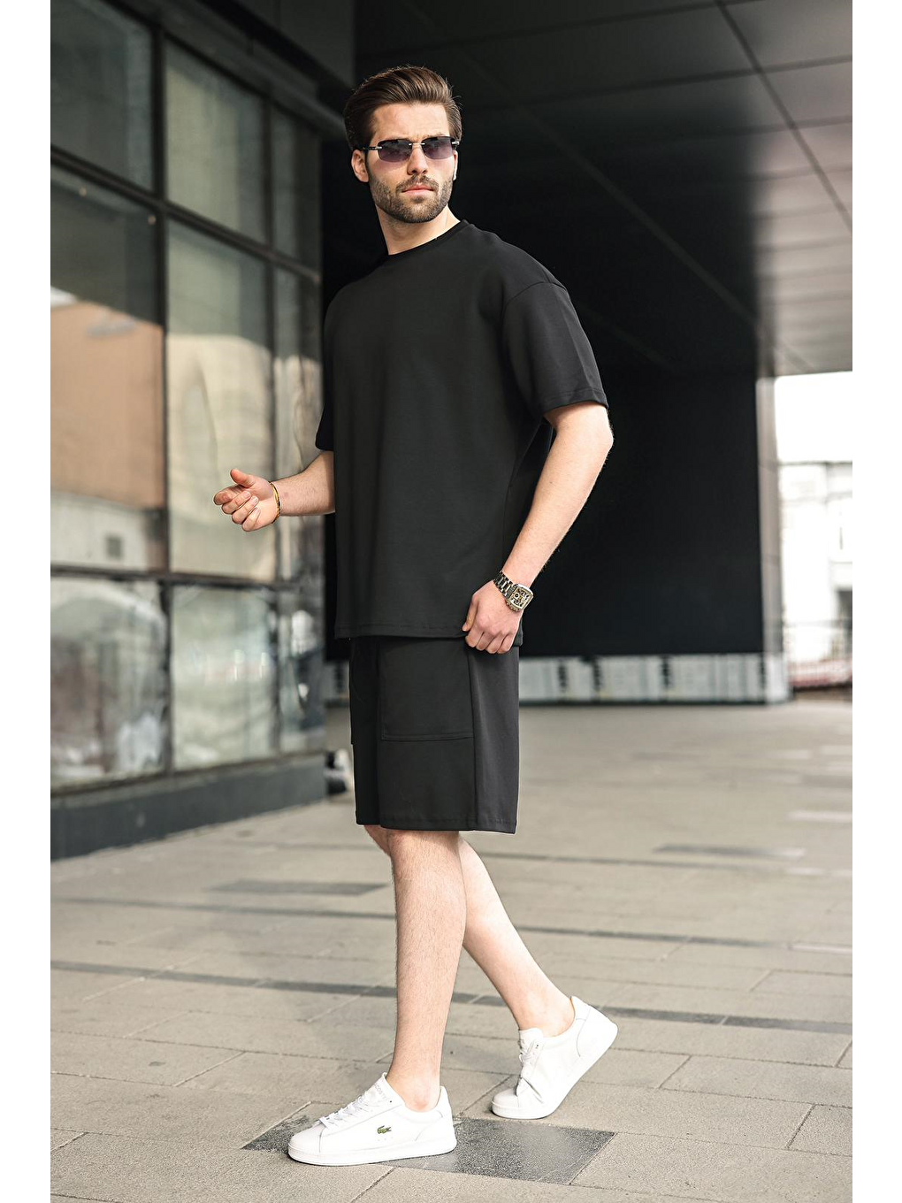 Siyah Bisiklet Yaka Oversize Erkek Şort T-Shirt Takım E7355