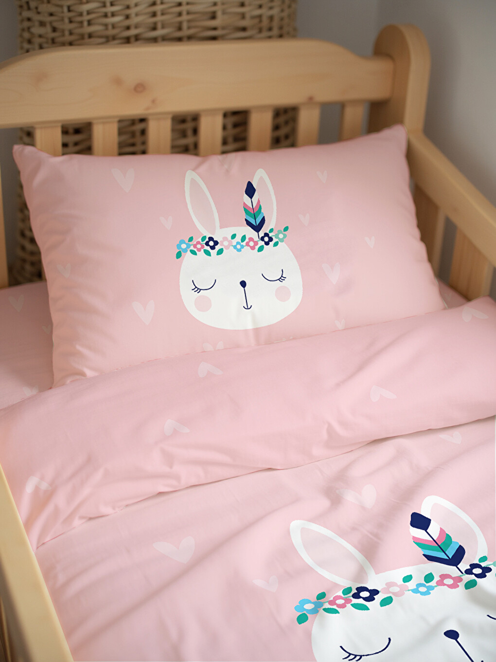 Karışık Pembe Tavşan Desenli Bebek Nevresim Takımı Çift Taraflı 100x150 cm Çarşafsız-1