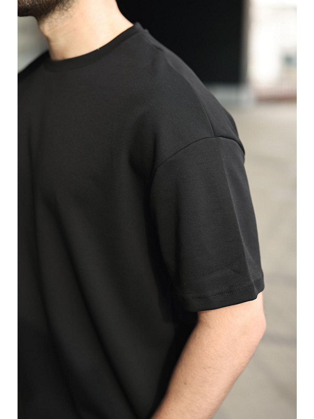 Siyah Bisiklet Yaka Oversize Erkek Şort T-Shirt Takım E7355-2