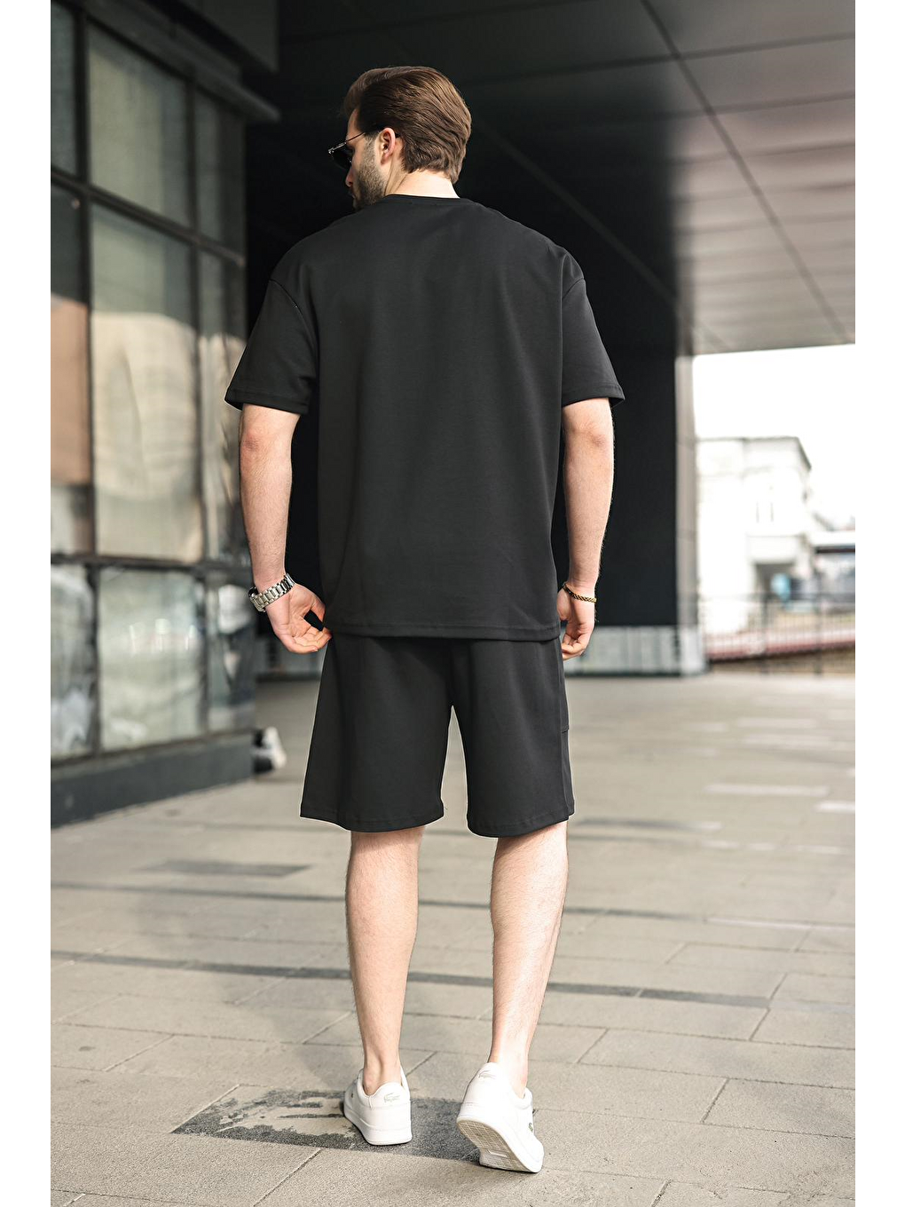 Siyah Bisiklet Yaka Oversize Erkek Şort T-Shirt Takım E7355-3