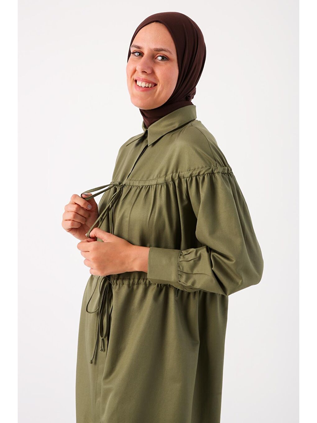 Açık Haki Pamuklu Bağcık Detaylı Büzgülü Gömlek Tunik-4
