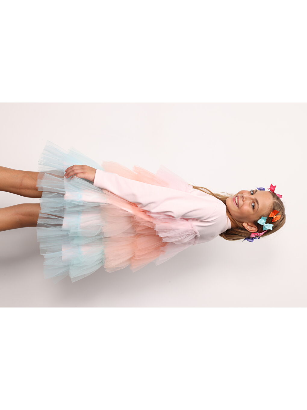 Karışık Çok Renkli Katlı Tüllü Kız Çocuk Elbise - Fabiola-3