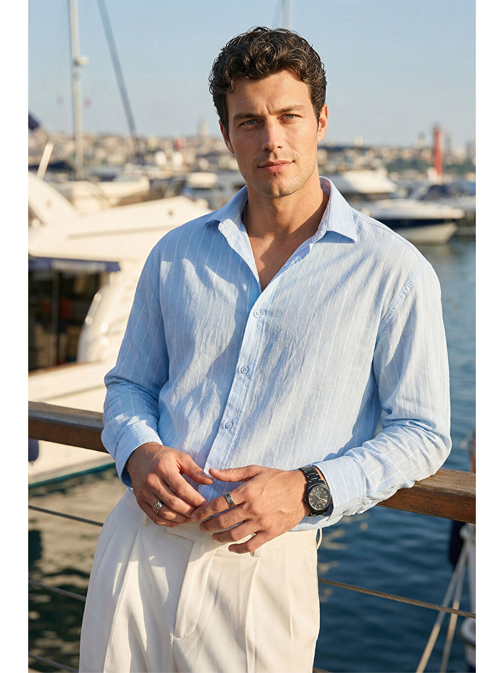 Mavi Arkit Erkek Çizgili Viskon Oversize Gömlek-1