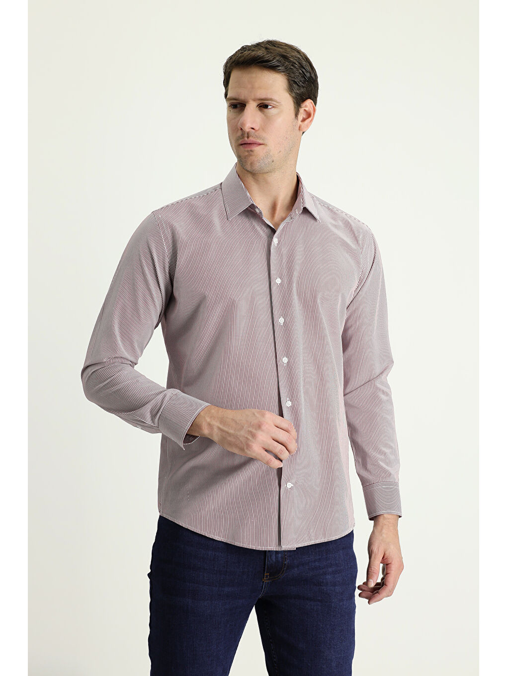 Bordo Uzun Kol Slim Fit Dar Kesim Çizgili Pamuklu Kolay Ütülenebilir Gömlek