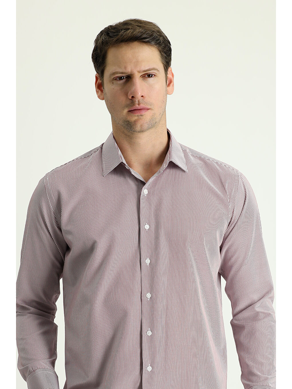 Bordo Uzun Kol Slim Fit Dar Kesim Çizgili Pamuklu Kolay Ütülenebilir Gömlek-1