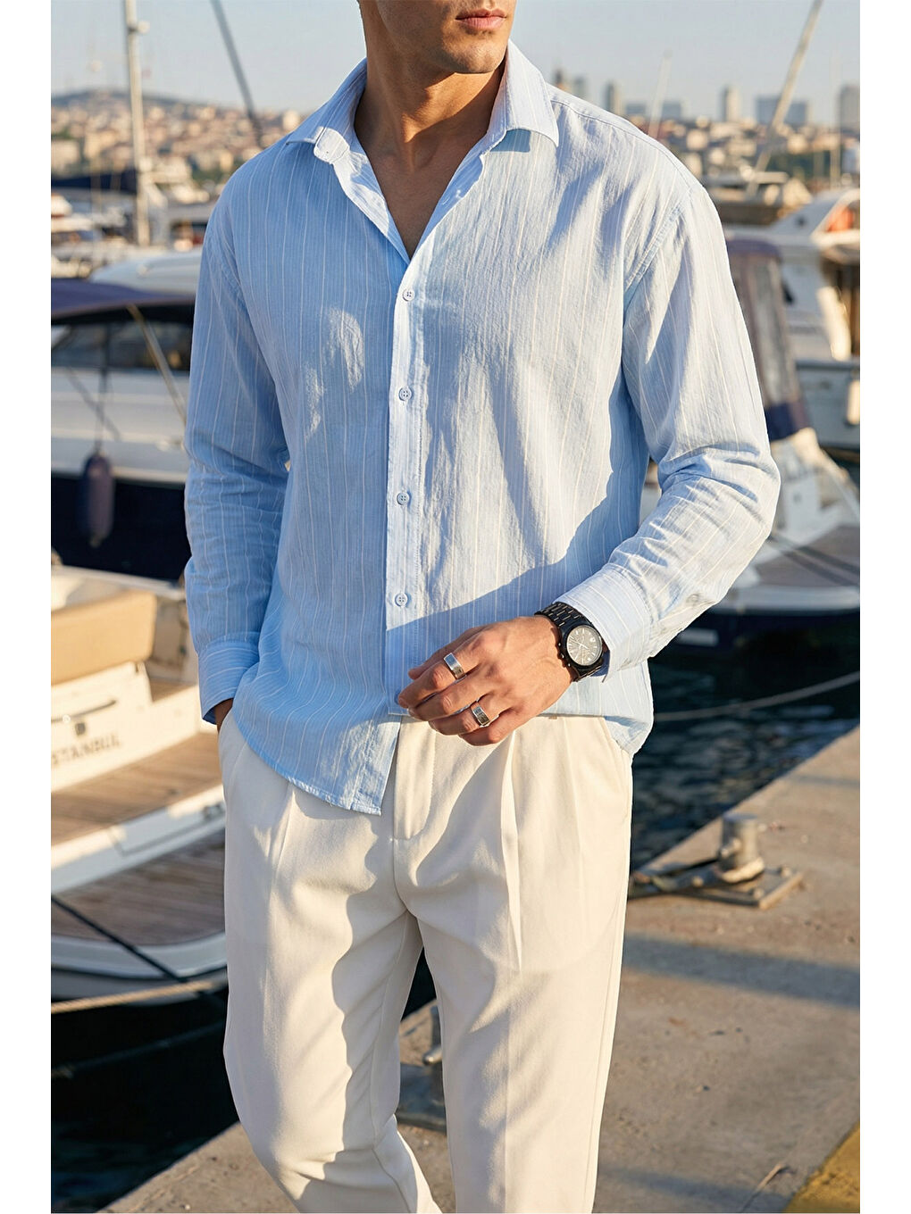 Mavi Arkit Erkek Çizgili Viskon Oversize Gömlek-3