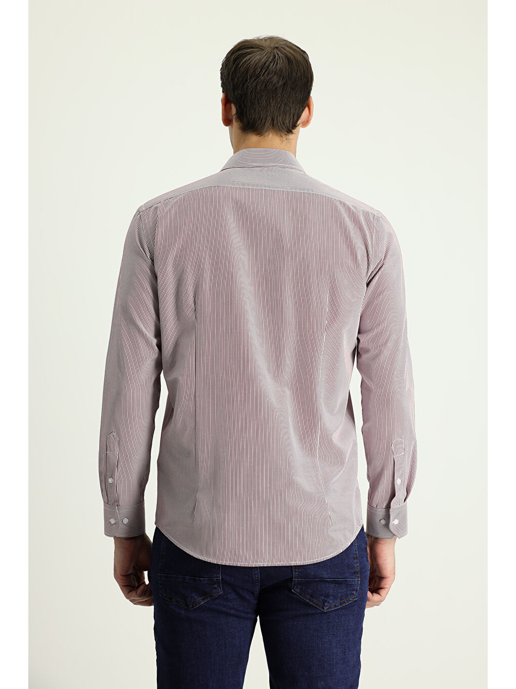 Bordo Uzun Kol Slim Fit Dar Kesim Çizgili Pamuklu Kolay Ütülenebilir Gömlek-2