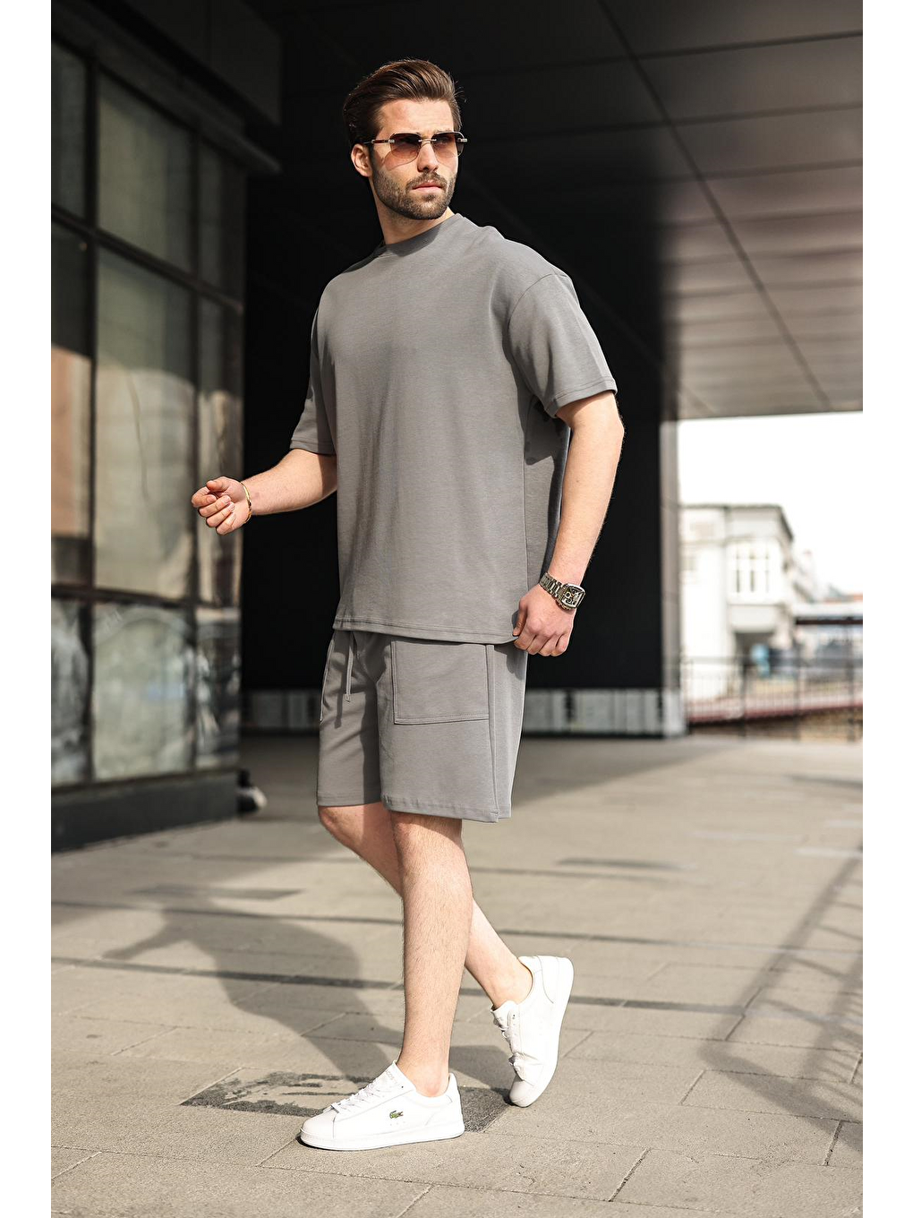 Gri Füme Bisiklet Yaka Oversize Erkek Şort T-Shirt Takım E7355