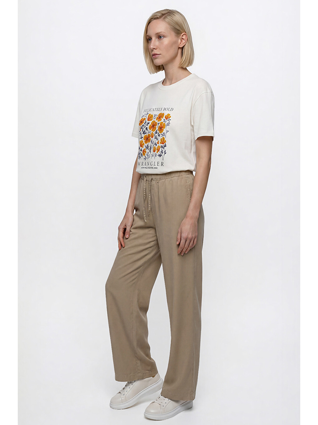 Bej Yumuşak Dokulu Wide Leg Fit Normal Bel Cepli Esnek Pantolon-2