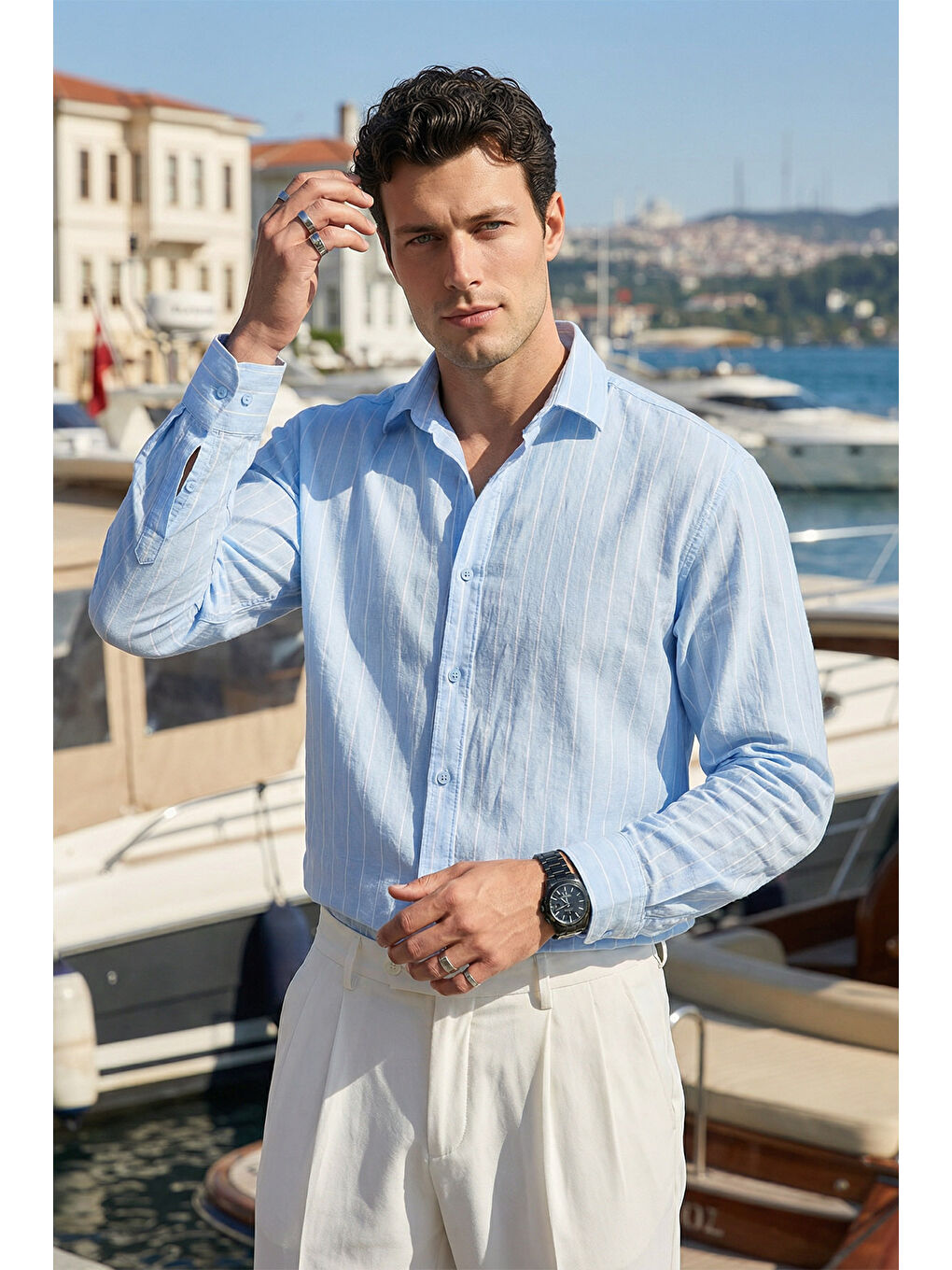 Mavi Arkit Erkek Çizgili Viskon Oversize Gömlek-4